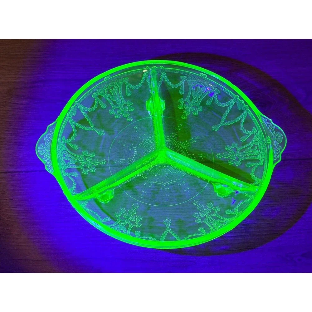 Hazel Atlas Cameo Ballerina Uranium Depression Glass 3 Section Dish 7.5” Vintage